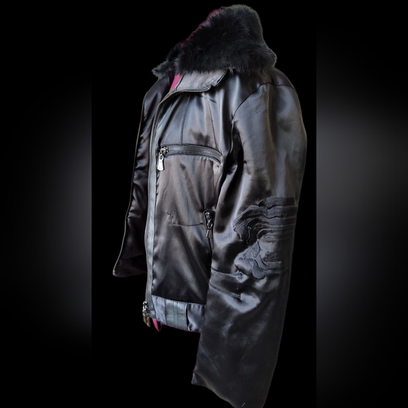 SALE Vintage Versace Sport Satin Bomber Jacket Removable Rabbit Fur Collar! - Picture 8 of 16